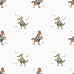 Festive watercolor design of animals in winter clothes with gifts and hearts on white