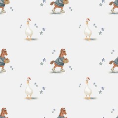 Charming watercolor pattern featuring a horse and a goose in festive attire and gifts