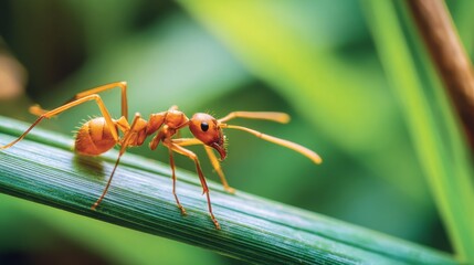 A close-up view of an ant carrying a tiny leaf, showcasing its intricate body structure and details, set against a blurred green background of grass