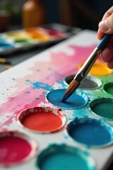 Vibrant Watercolor Painting in Progress Close-up of Artists Hand Applying Color to Canvas in a Bright Studio