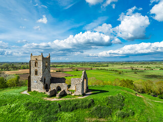 Burrow Mump from a drone, Southlake Moor, Burrowbridge, Taunton, Somerset, England