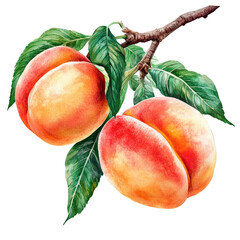 Two ripe peaches hang from a branch with green leaves isolated on transparent background