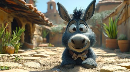 Cartoon donkey in quaint village street