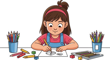 Illustration of a young girl drawing with colored pencils art and craft activity for kids and creative hobby