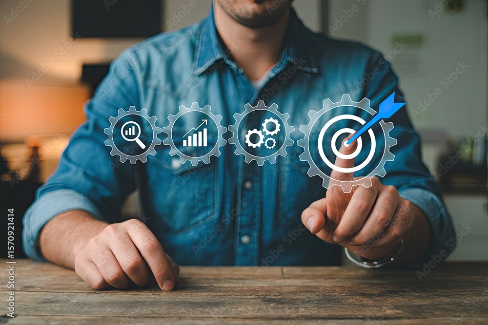 Poster man touching digital gears representing analysis growth process and achieving business goals with an