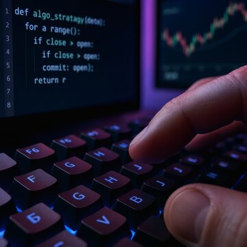 Close Up of Hands Typing Python Algo Trading Script with Stock Market Chart in Background
