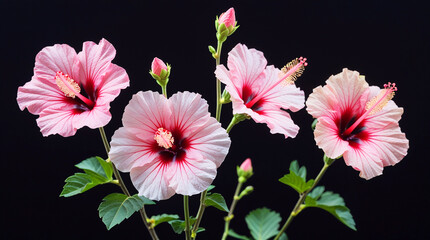 Time lapse footage of four pink Syrian Hibiscus syriacus flowers growing blossom from bud to full blossom then withering isolated on black background, 4k video, close up b roll shot