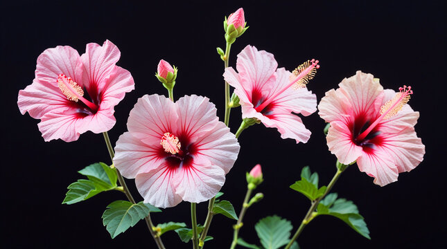 

Time lapse footage of four pink Syrian Hibiscus syriacus flowers growing blossom from bud to full blossom then withering isolated on black background, 4k video, close up b roll shot