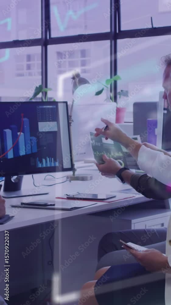 Poster animation of data processing over diverse business people working in office
