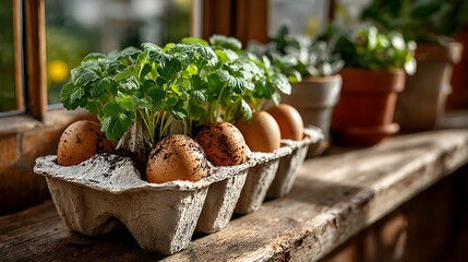 Seedling carefully grown in eco-friendly recycled egg carton placed on sunny windowsill