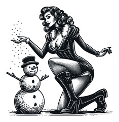 Vintage Style Illustration of Woman with Snowman in Black and White