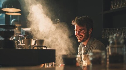 Friendly barista smiling while steaming milk in a pitcher for a latte, working behind a professional coffee machine in a cafe.

 - Powered by Adobe