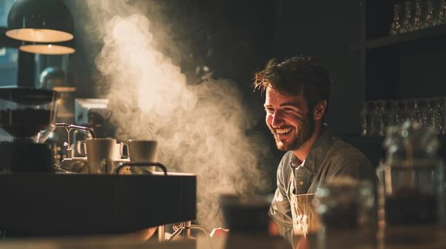 Friendly barista smiling while steaming milk in a pitcher for a latte, working behind a professional coffee machine in a cafe.

