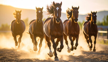 Obraz premium in a dynamic outdoor scene, a group of majestic brown steeds are captured in mid gallop, stirring up dust in a flurry of motion