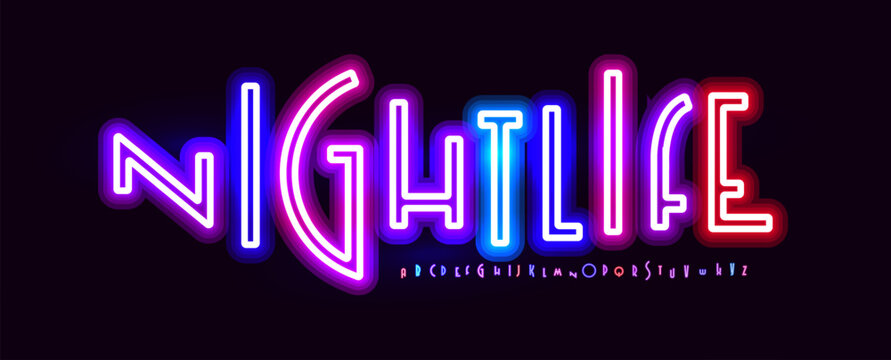 Multicolor neon alphabet, glowing retro letters, vibrant nightlife font for party sign, club banner, casino logo, digital headline, electric typography, luminous typographic design. Vector typeset.