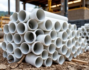 create an image of a pile of white pvc pipes stacked on top of each other in a construction site environment