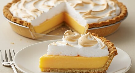This enticing image captures a delectable pie, showcasing its distinct layers of golden crust, creamy lemon, and fluffy, perfectly browned meringue, promising sweet delight.