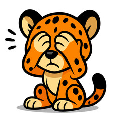 Distressed cartoon leopard mascot covers face with paws sadly
