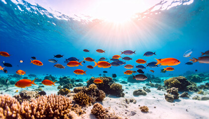 the image captures a vibrant underwater scene filled with marine life. schools of various colored fish, mostly orange and silver, swim amidst coral formations and a sandy ocean floor