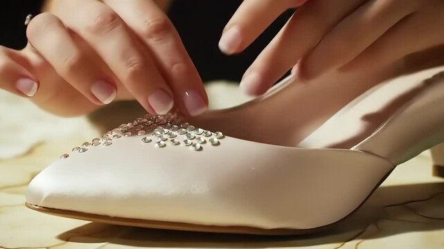 Hands carefully attach sparkling jewels to a beautiful bridal shoe made of satin. The delicate craft highlights the elegance of wedding preparations.