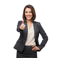 Beautiful businesswoman with long hair showing thumbs up isolated on white or transparent background