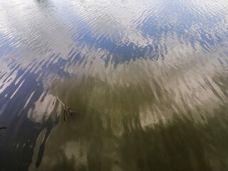 Clouds and blue sky reflected on calm water surface. Ripples distort reflection, adding texture backdrop. abstract background of reflection of sky and cloud patterns on surface of lake or river.