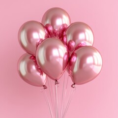 Shiny pink metallic balloons isolated on a pastel pink background, perfect for creating festive cards for weddings, Women's Day, Mother's Day, and Valentine's Day, Generative AI
