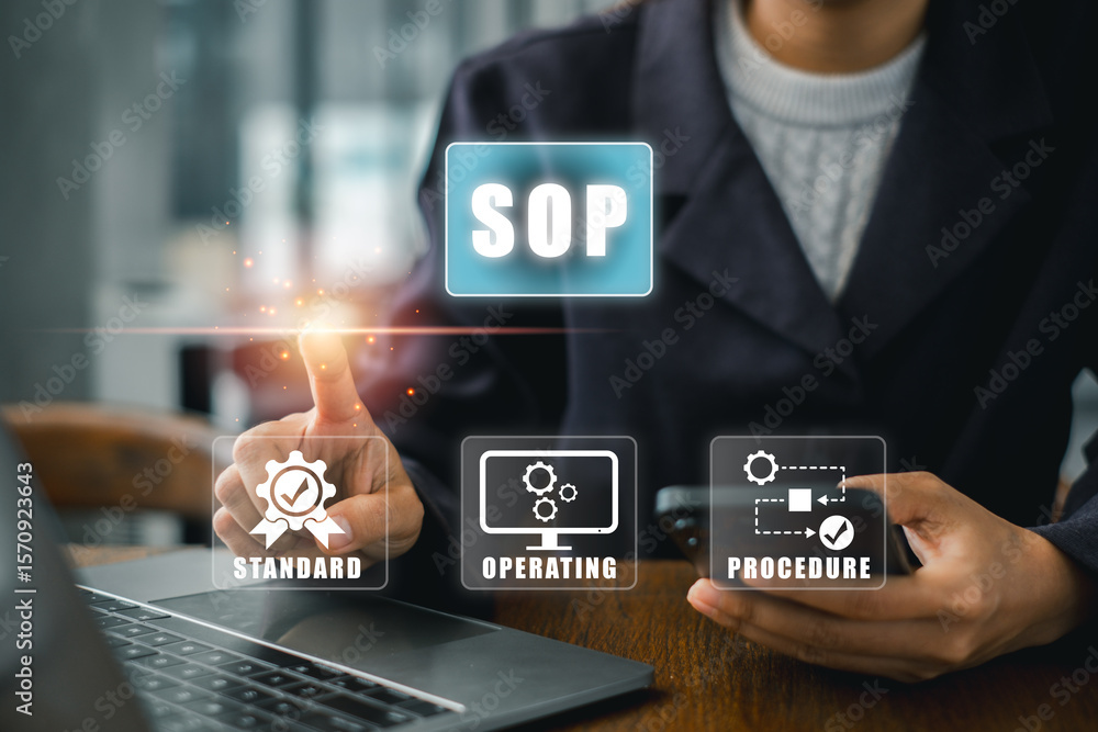 Poster visual representation of sop concept with digital icons for standard, operating, and procedure in a 