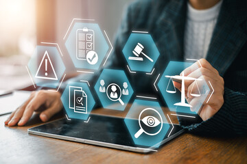 Visual representation of compliance with icons symbolizing legal and regulatory standards on a...