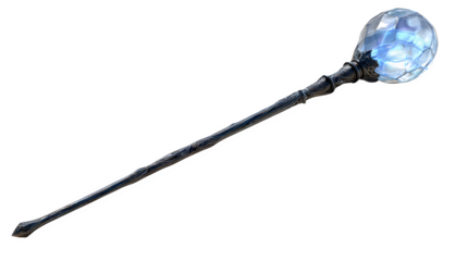 Ornate magical staff with glowing orb 3d rendered, isolated on transparent background