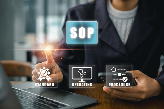Visual representation of SOP concept with digital icons for standard, operating, and procedure in a business environment.