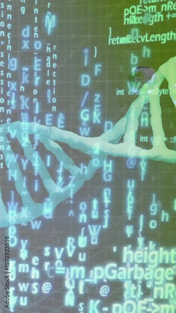 Poster animation of data processing over bubbles and dna strand on green background