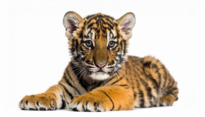 Obraz premium a young cat rests against a stark backdrop. the animal has bright eyes that stare directly forward. dark stripes mark its orange and tan fur, giving it a distinct pattern