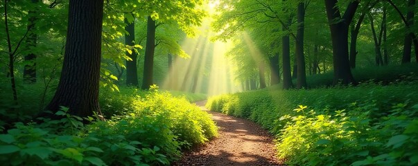 Sun-Dappled Woodland Path A Serene Journey Through Lush Green Foliage, Ideal for Nature, Travel, and Fantasy Projects.