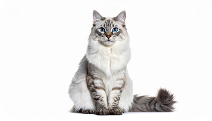 against a stark white backdrop, a long haired feline sits upright, facing the viewer with an alert expression