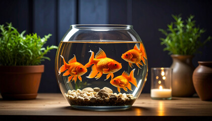 the image showcases a serene scene featuring a transparent fishbowl on a wooden surface. inside the bowl, four vibrant orange fish swim amongst small, light colored pebbles