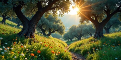 Sun-Dappled Serenity Ancient Olive & Cypress Forest in Greece. Wild herbs and wildflowers carpet the idyllic forest floor, creating a mystical and peaceful atmosphere.