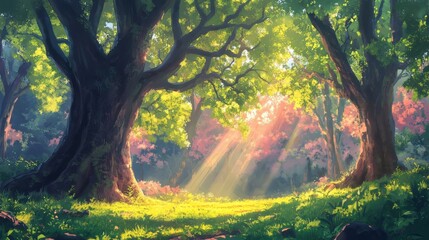 Bright forest panorama with large trees and sunlight