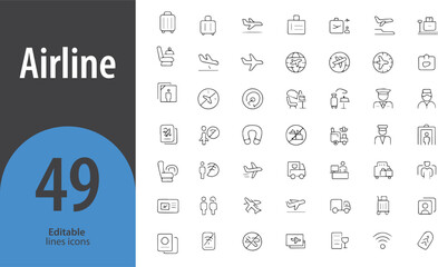 Airline Line Icons, Airplane, Boarding Pass, Flight Ticket, Cabin Crew, Baggage Claim, Editable Formats: AI, EPS, PNG, JPG, Ideal for Both Digital and Print Use
