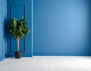 Fototapeta premium Modern Room Corner with Contrasting Blue Walls and Potted Plant