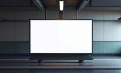 A blank canvas of light a stark white rectangle bathed in the cool glow of an overhead advertising panel stood silent and empty on a deserted subway platform ready to showcase a captivating design or 