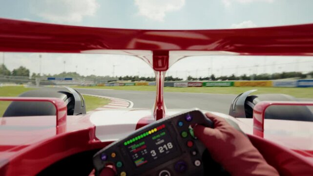 Driver point of view shot of a race car doing a full lap on the track overtaking an opponent and crossing the finish line. Looping video. POV. Car point of view. 3d animation rendering.