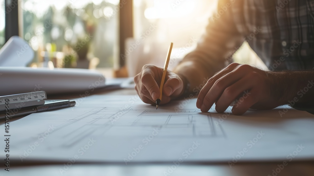 Aufkleber architect working on detailed blueprints in a sunlit studio environment with plans and tools in view