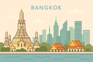 Obraz premium A stylish illustration of Bangkok's unique blend of traditional temples and contemporary city architecture along the river.