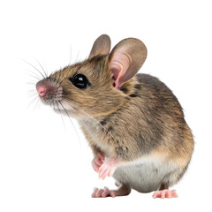 Small house mouse in left-facing side profile with soft fur and whiskers isolated on white background