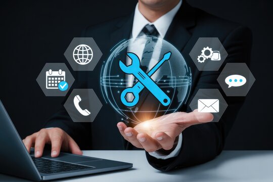 Businessman holding a digital globe with tools and service icons representing global support and technical assistance - Powered by Adobe