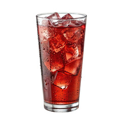 Tall transparent glass filled with red iced drink and ice cubes isolated on transparent background