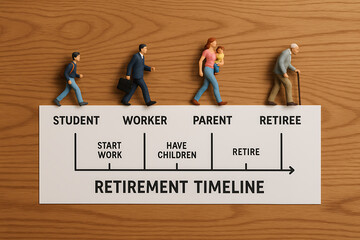Retirement life timeline chart with miniature figures showing stages from student to worker to parent and retiree on wooden background illustrating personal financial planning and aging journey