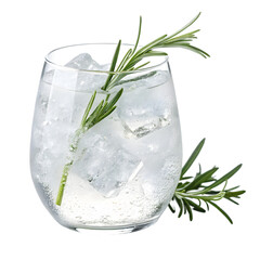Photo of a refreshing gin and tonic cocktail garnished with a sprig of rosemary, served in a clear glass with ice cubes, and an extra sprig of rosemary, isolated on transparent background