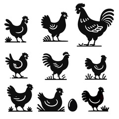 Chicken Family Silhouette – Black Vector Rooster, Hen, and  Chicks in Sideview on White Background